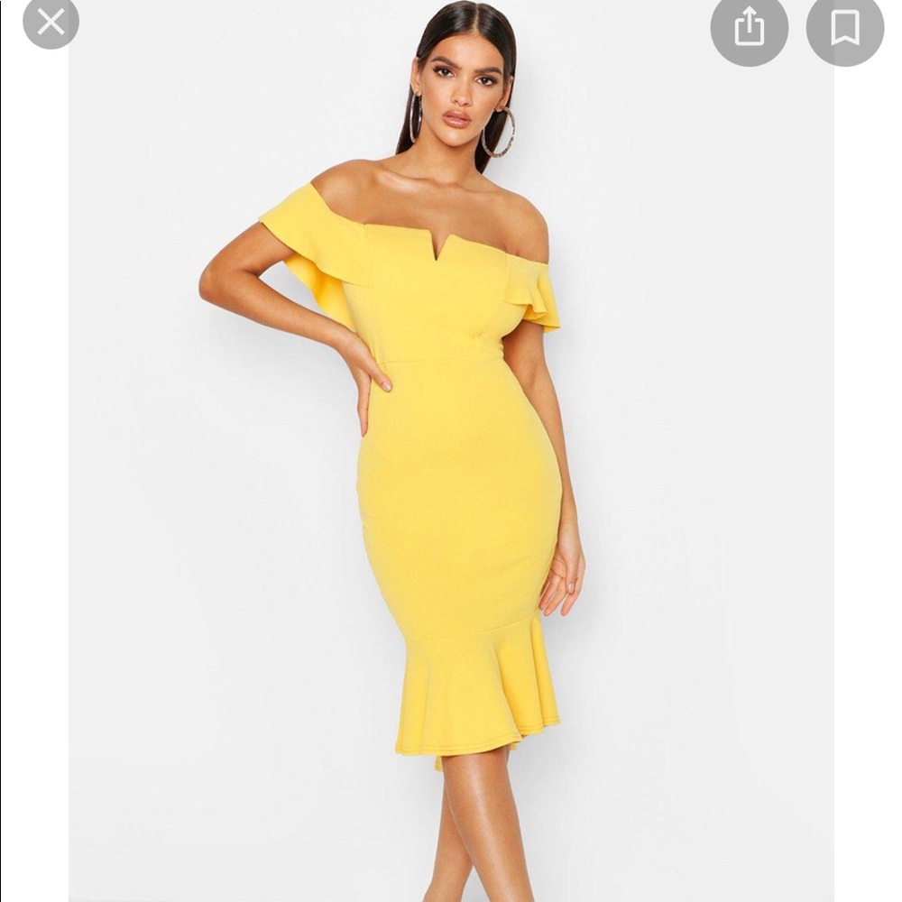 BooHoo Off The Shoulder Ruffle Hem Midi Dress